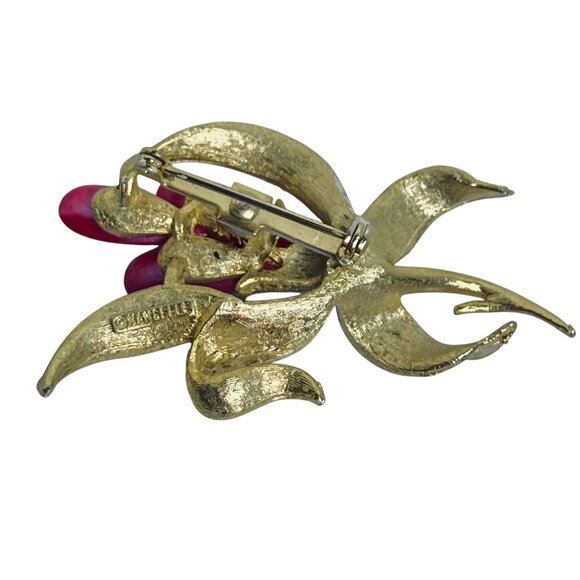 Vintage Mamselle Gold Tone White Enamel & Pink Bead Orchid Brooch (5743) - Picture 5 of 7